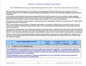 16949:2016 Gap Analysis Checklist