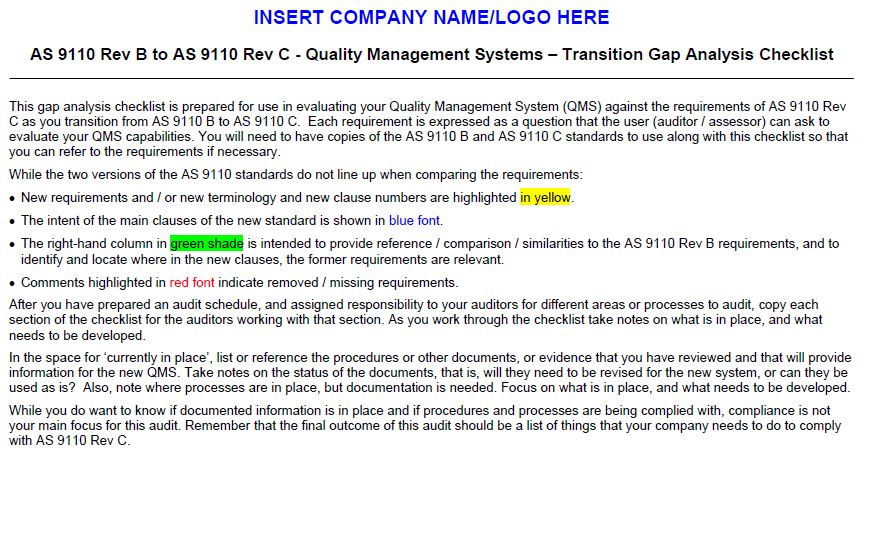 AS9110C - Rev B to Rev C Gap Checklist
